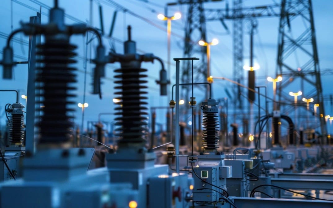 Instrument transformers at a substation at dusk