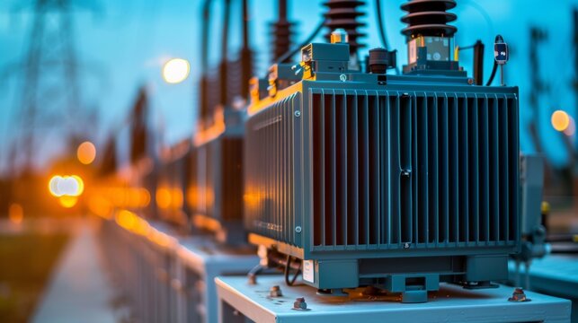 Distribution transformer at a substation at dusk
