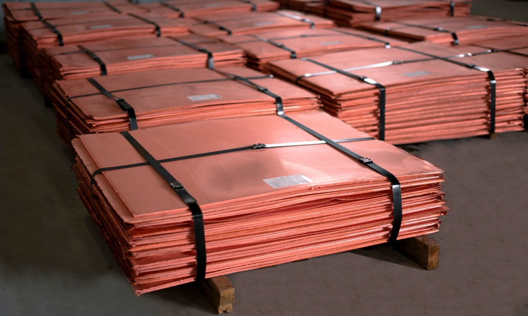 Copper cathode bundles in a warehouse