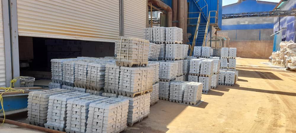 Zinc ingot stacks in a smelter yard